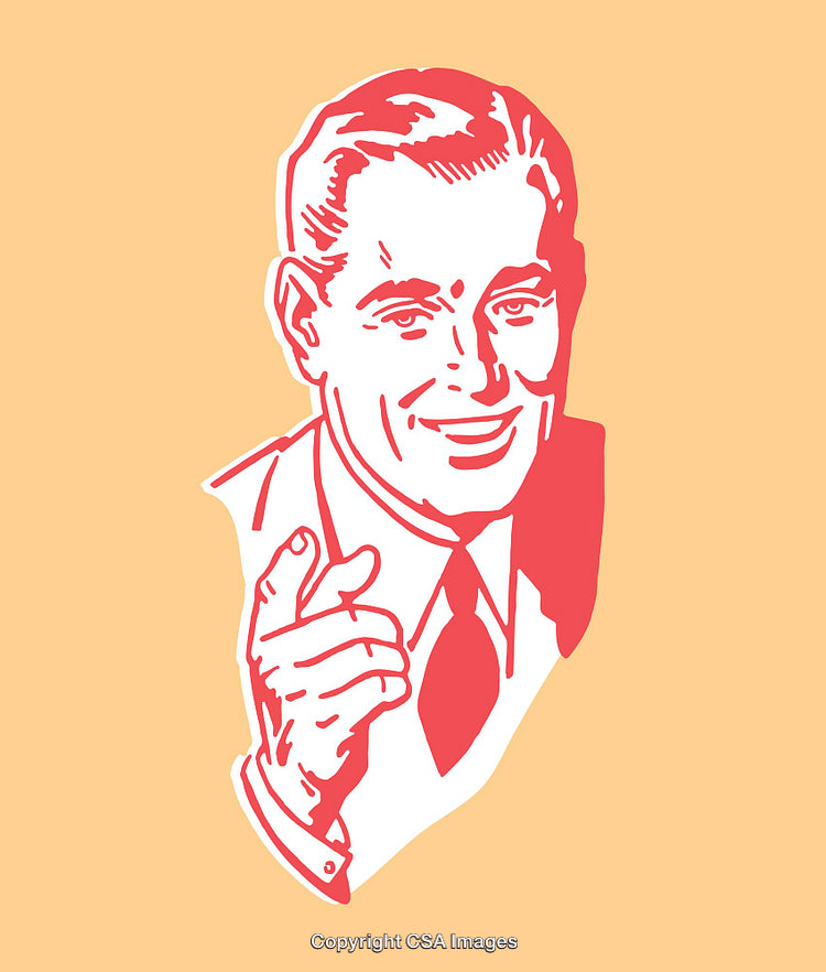 Retro Style Illustrated Man Pointing with Cheerful Expression on a Bright Background