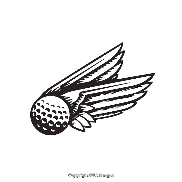 Flying Golf Ball with Stylized Wings in Black and White Line Art