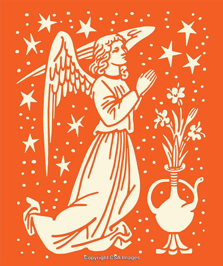 Vintage Style Angel Illustration with Stars and Floral Arrangement