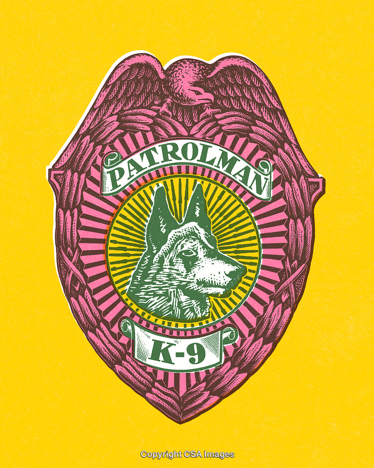 Illustrated Police K-9 Badge Featuring German Shepherd Dog on Yellow Background