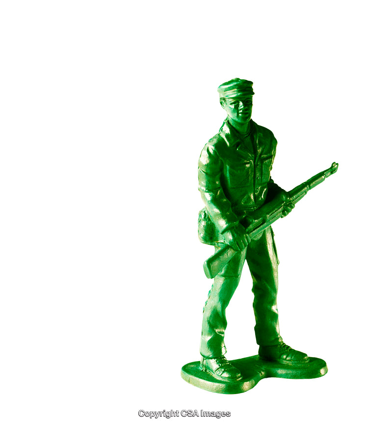 Green Plastic Toy Soldier with Rifle on White Background