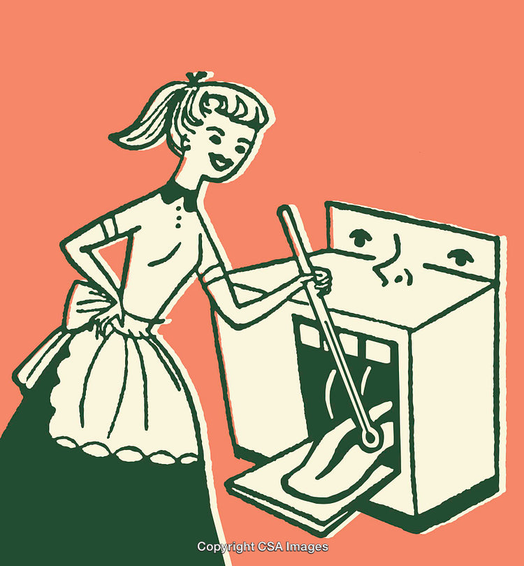 Retro Illustration of Woman Interacting with Animated Machine