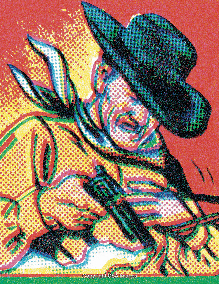 Vintage Illustration of a Cowboy Holding a Revolver in Bold Colors