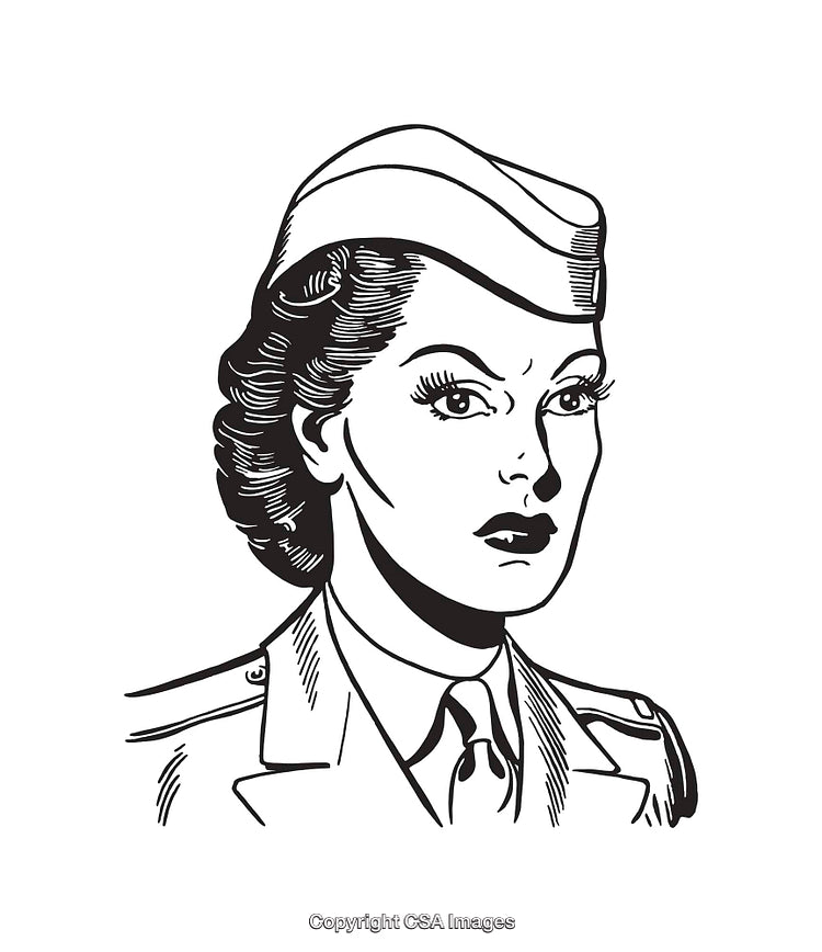 Black and White Illustration of a Female Officer in Uniform