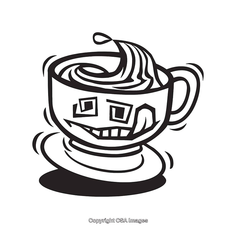 Whimsical Black and White Line Art of a Coffee Cup with Face