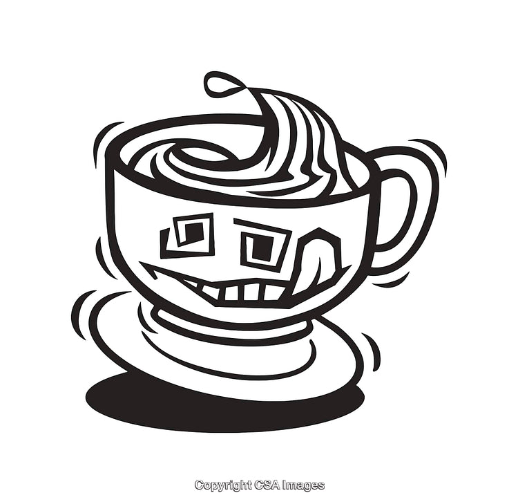 Whimsical Black and White Line Art of a Coffee Cup with Face