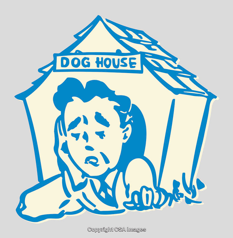 Colorful Illustration of a Man Sad in a Dog House