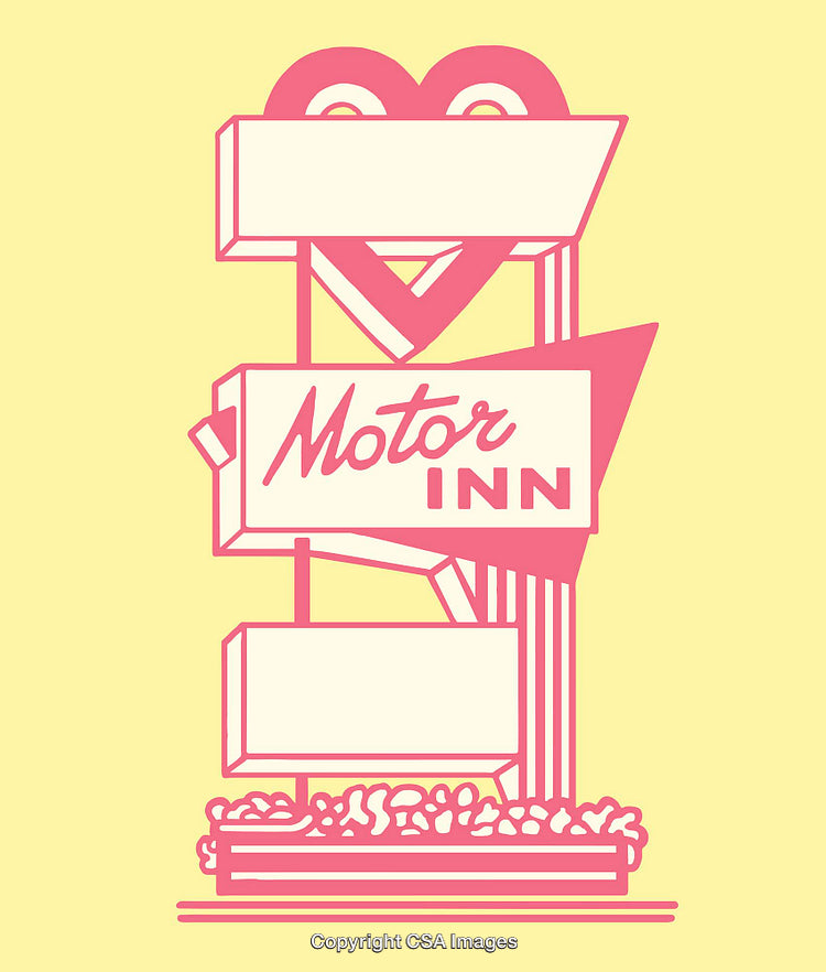 Retro-Style Motor Inn Sign Illustration with Heart Design on Yellow Background
