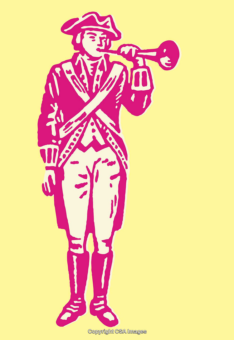Illustration of a Historical Patriot Playing a Brass Instrument