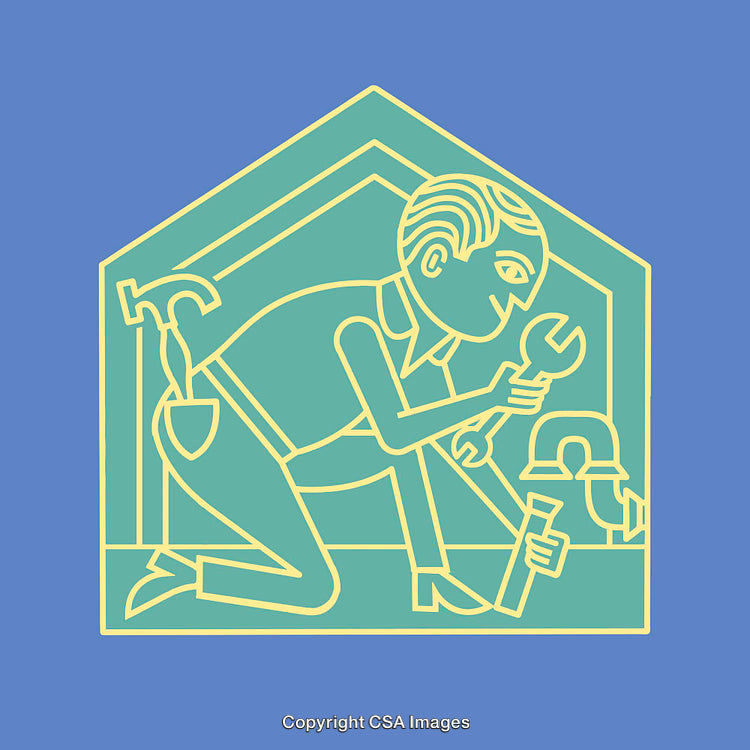 Illustration of a Handyman Repairing Pipes in Outline Style