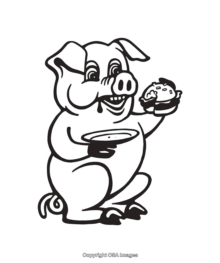 Black And White Line Art Of A Pig Eating A Burger