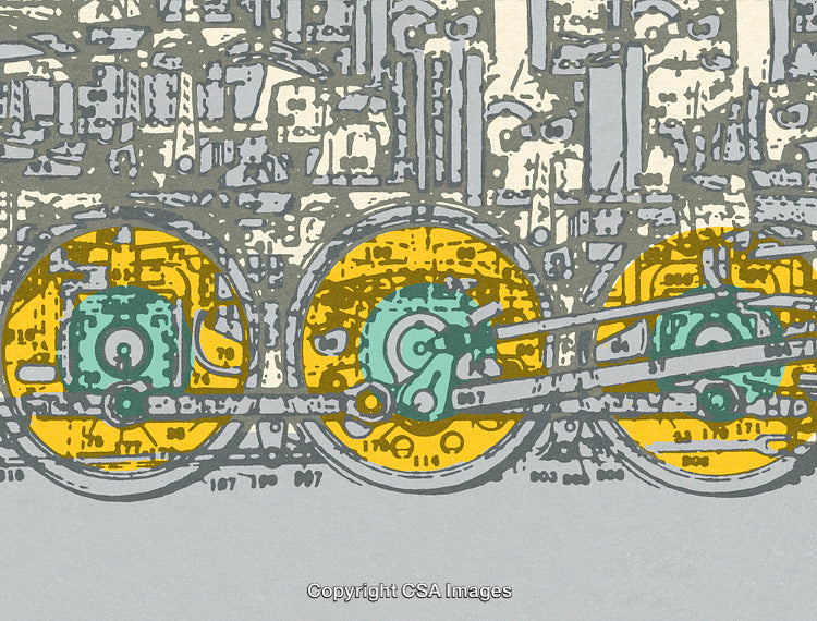 Abstract Geometric Design of Industrial Machinery Wheels in Yellow and Gray Tones