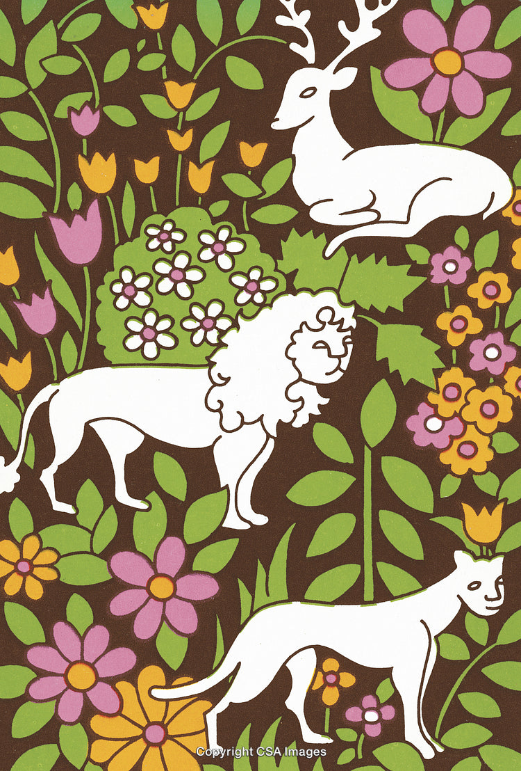Colorful Nature Illustration Featuring Animals Amid Vibrant Floral Patterns and Greenery
