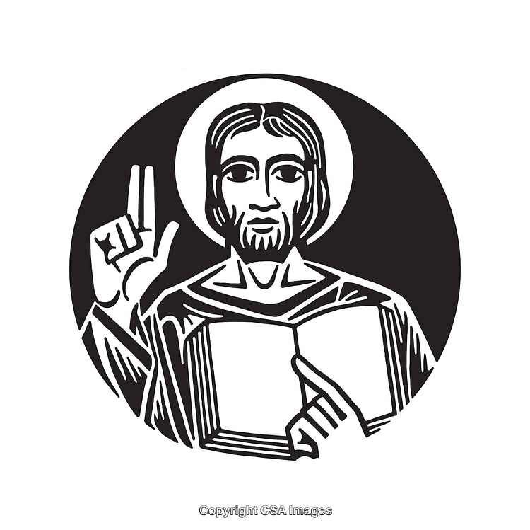Black and White Line Art Illustration of a Religious Figure with a Book