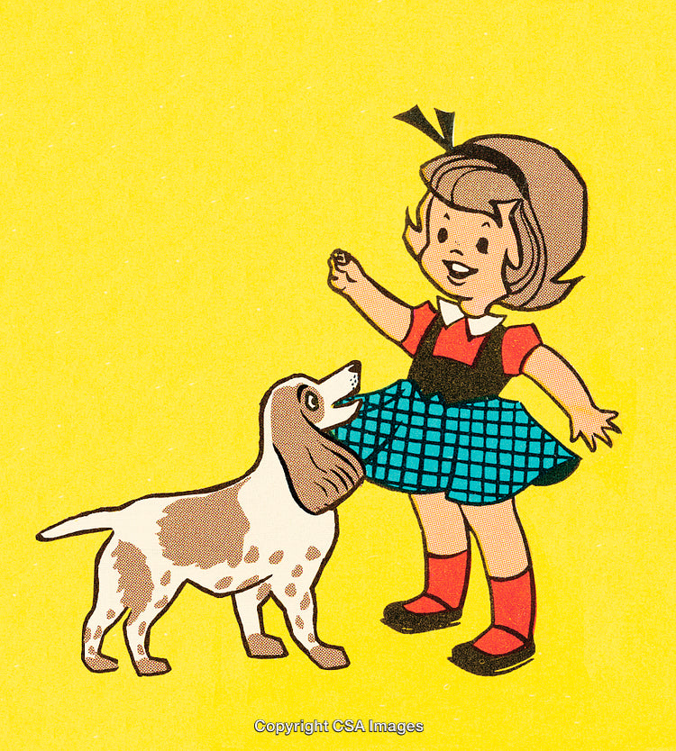 Illustration of a Girl Playing with Her Dog on a Yellow Background