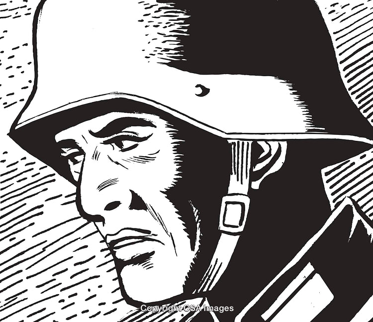 Black and White Illustration of a Historical Soldier in Profile View