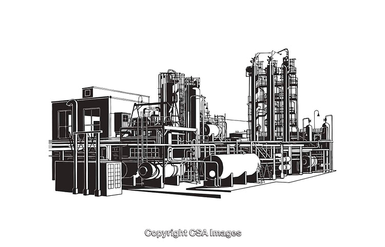 Black and White Industrial Facility Illustration in Line Art Style