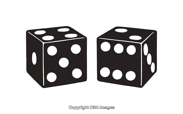 Black and White Line Art Illustration of Two Dice Showing Six and Five