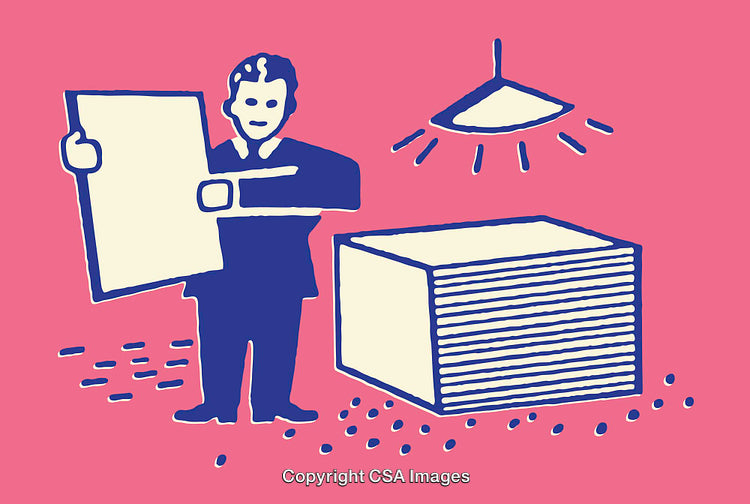 Illustration of a Worker Sorting Papers in an Office Environment