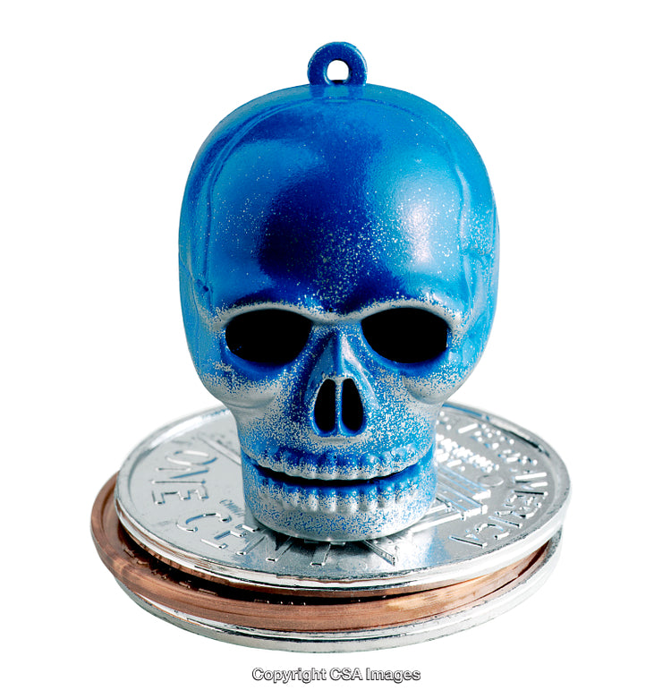 Blue Skull Toy Figurine Displayed on Metallic Coins Decor