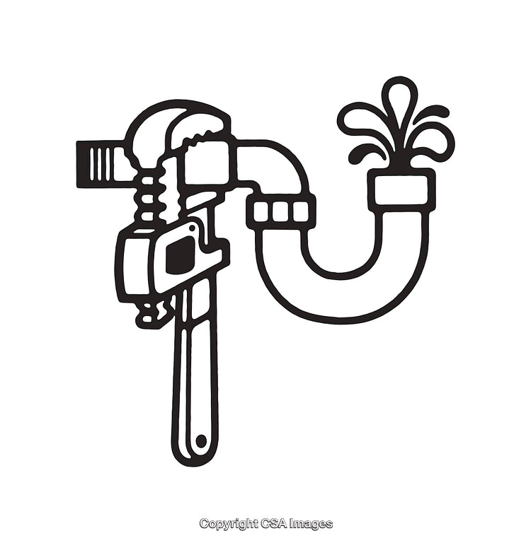 Black and White Line Art of a Pipe with Leakage and Wrench