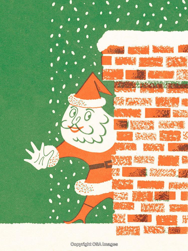 Santa Claus Waving Cheerfully Near a Snow-Covered Brick Chimney in a Winter Scene