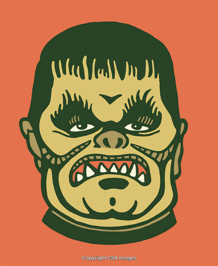 Color Illustration of a Monster Face with Green and Orange Tones