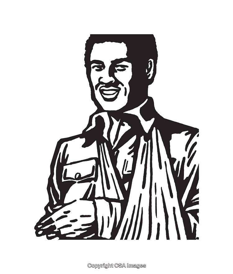 Black and White Line Art Illustration of a Smiling Man with an Arm Sling