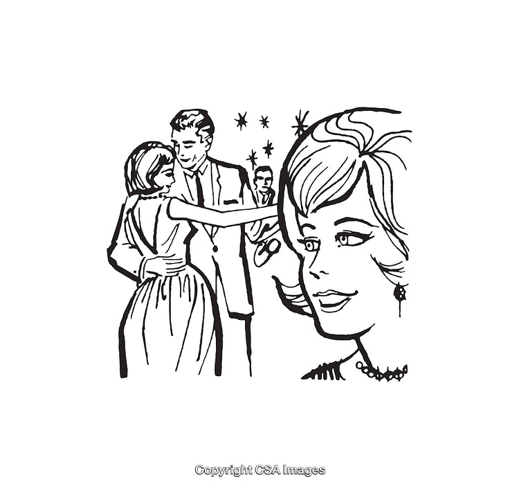 Elegant Black and White Retro Dance Illustration with Romantic Theme