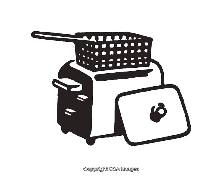 Black-and-White Line Illustration of Deep Fryer and Cooking Basket