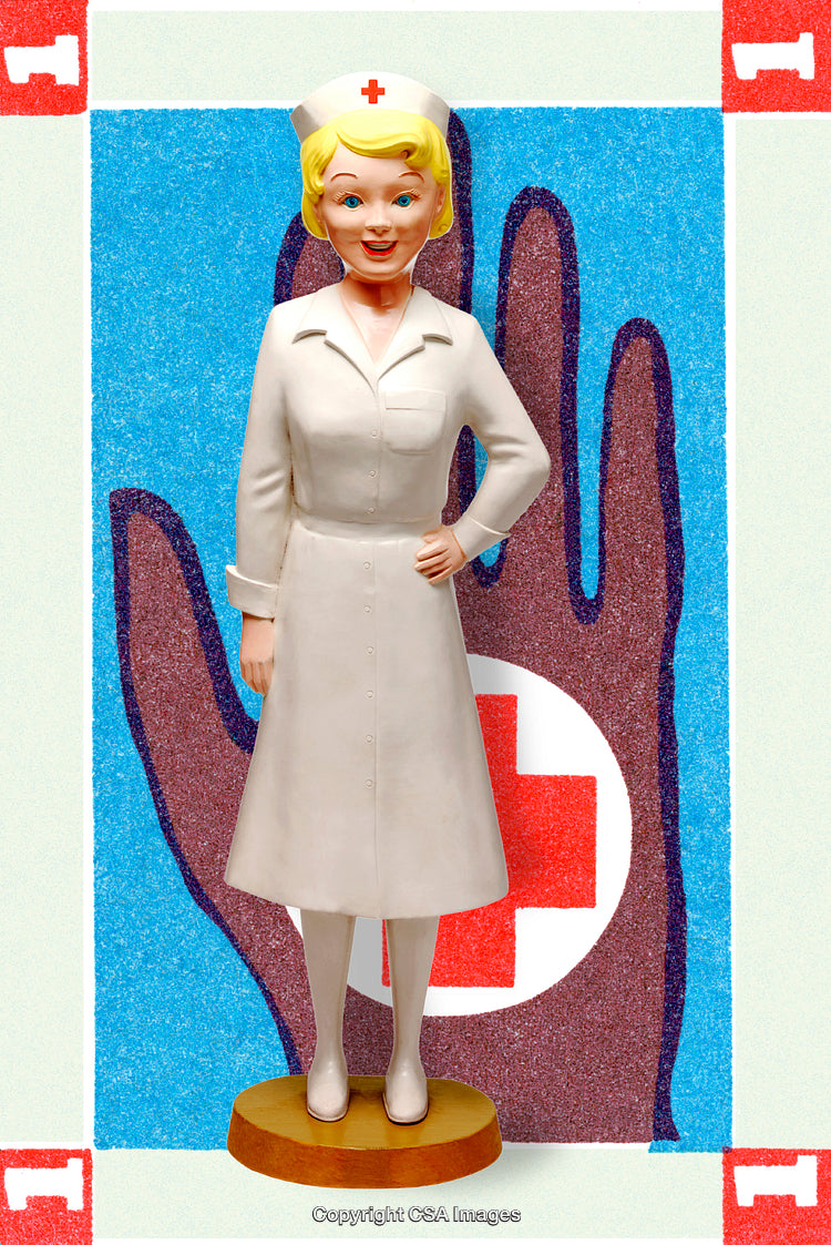 Vintage Nurse Figurine Against Abstract Blue Design with Medical Cross Background
