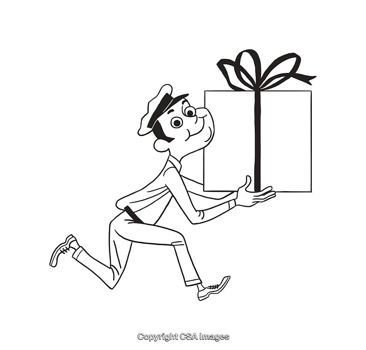 Retro-Style Black and White Illustration of a Man Carrying a Present