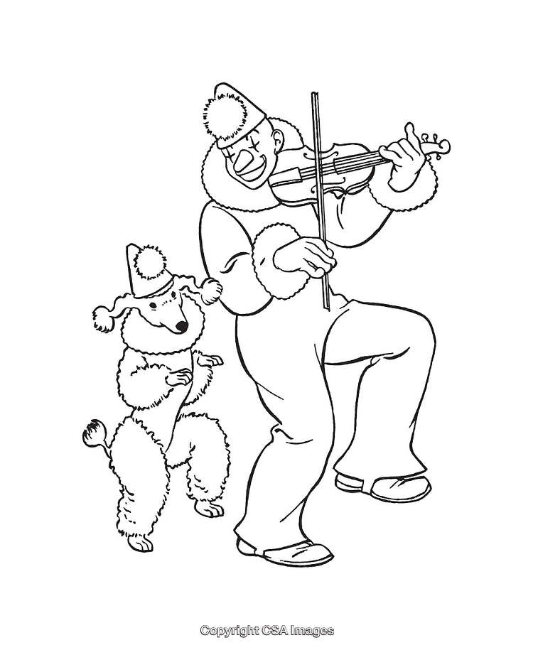 Clown Entertaining with Violin and Dog Partner in Charming Line Art