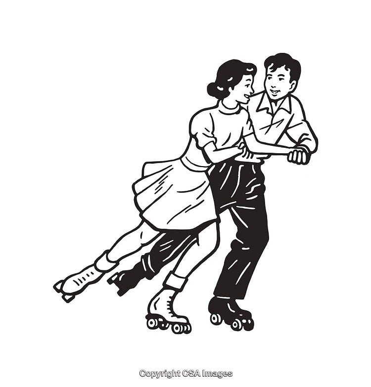Retro Line Art of a Couple Roller Skating Together