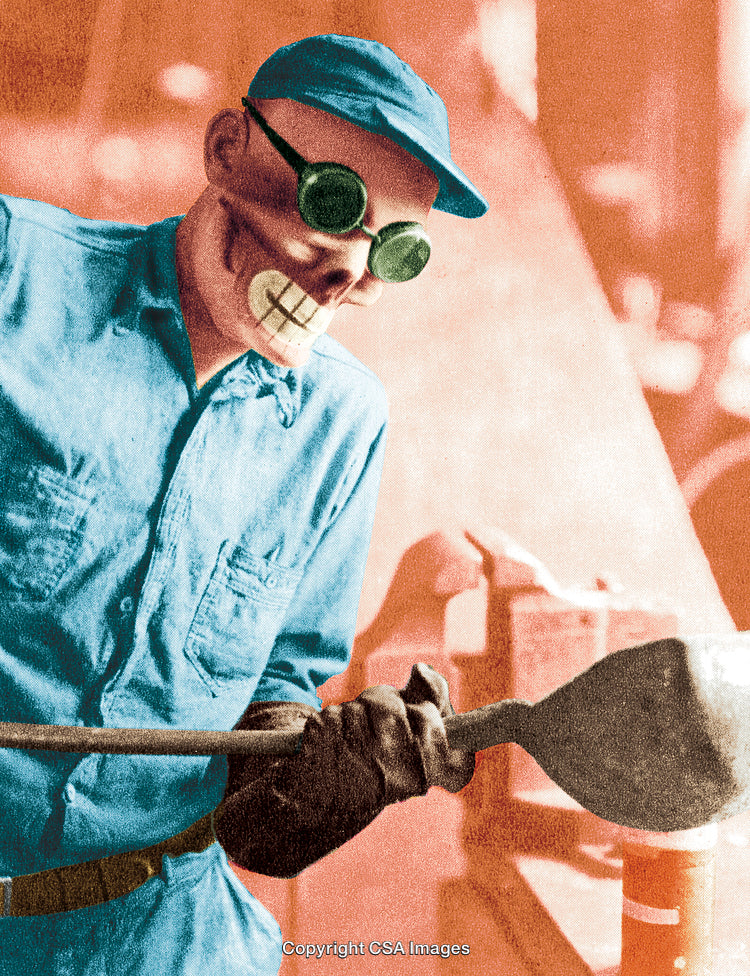 Worker in Safety Gear with Surreal Illustration of Skull Face