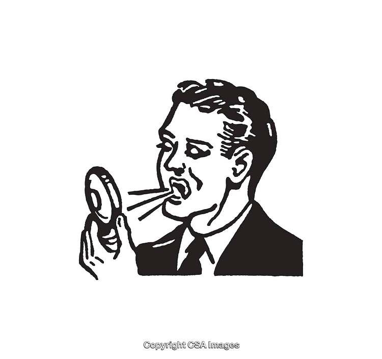 Black and White Illustration of Man Inspecting Breath with Mirror