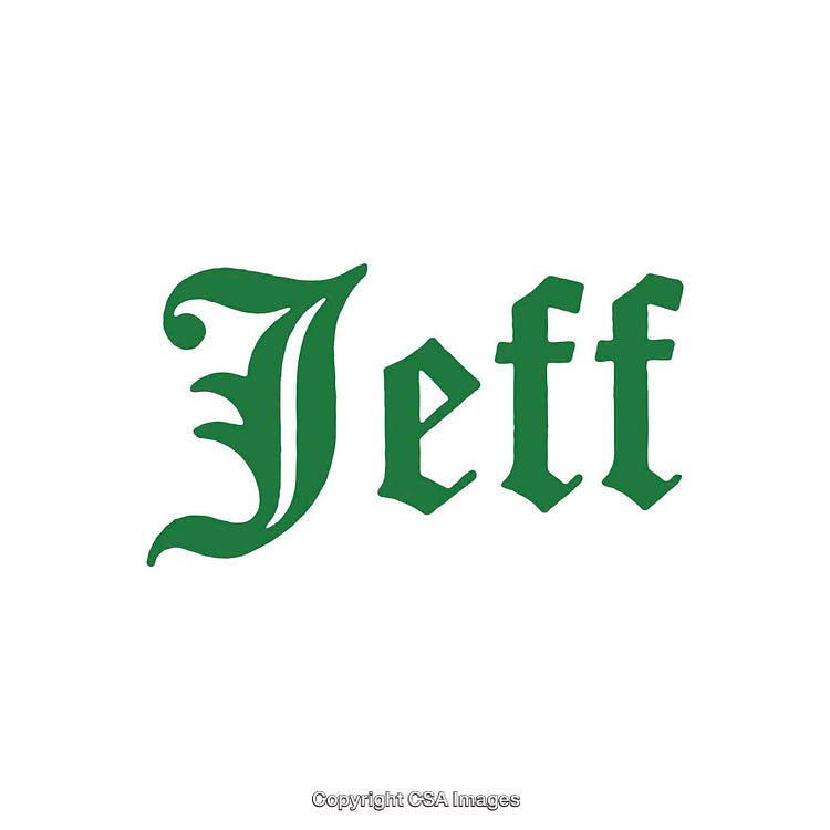 Elegant Green Text of 'Jeff' in Old English Typography on White Background