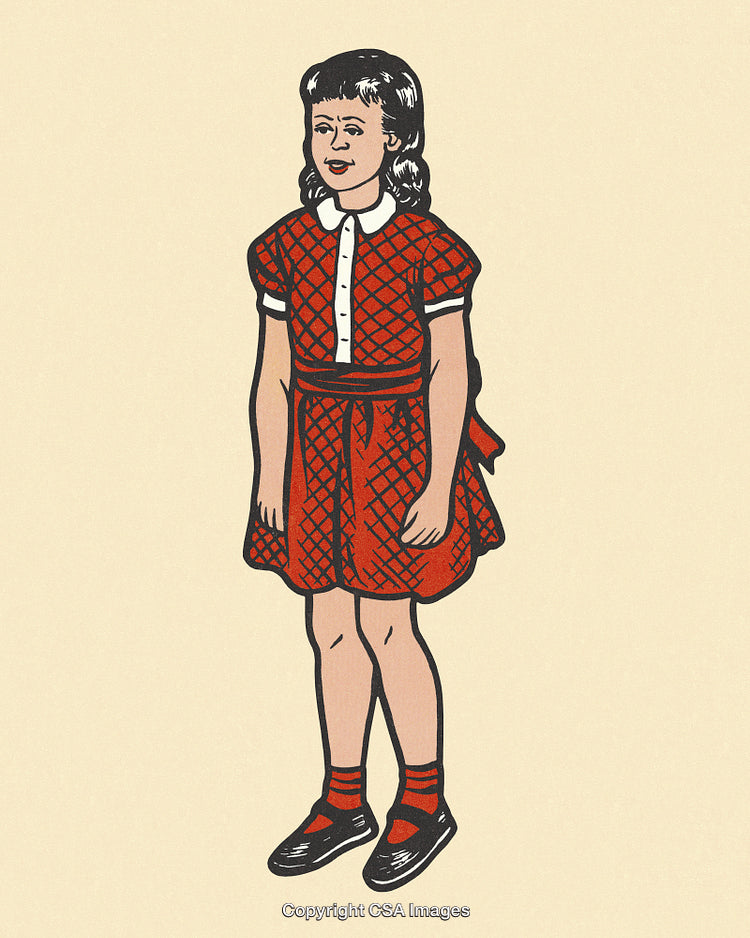 Vintage-Style Illustration of a Young Girl in a Red Dress