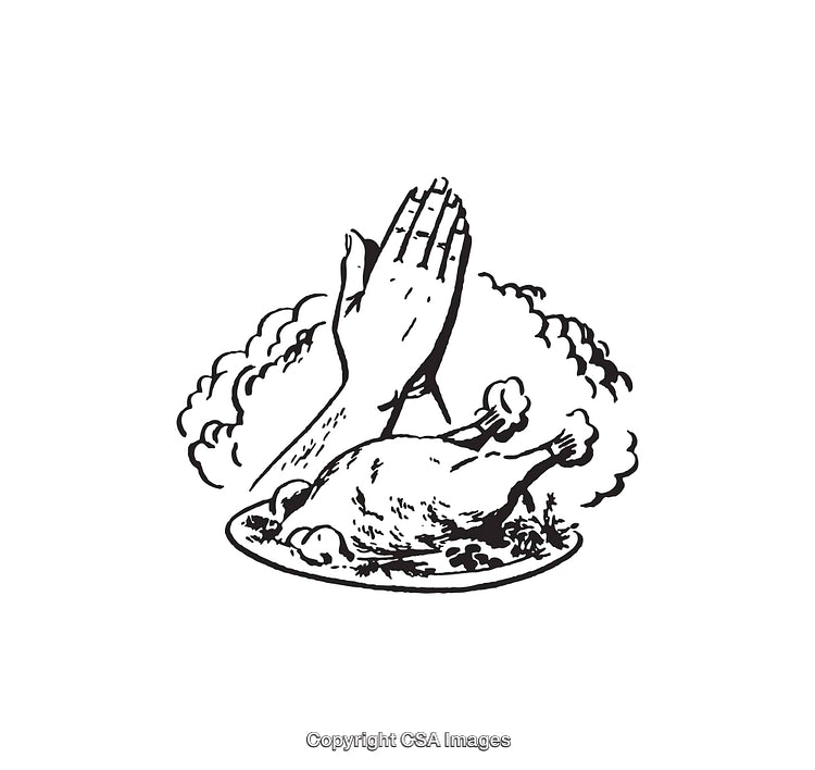 Black and White Illustration of Prayer and a Thanksgiving Meal