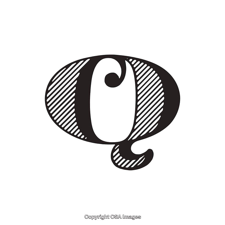 Elegant Black and White Illustration of the Letter Q with Artistic Details