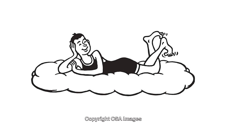Whimsical Black and White Line Art of Relaxed Figure on a Cloud