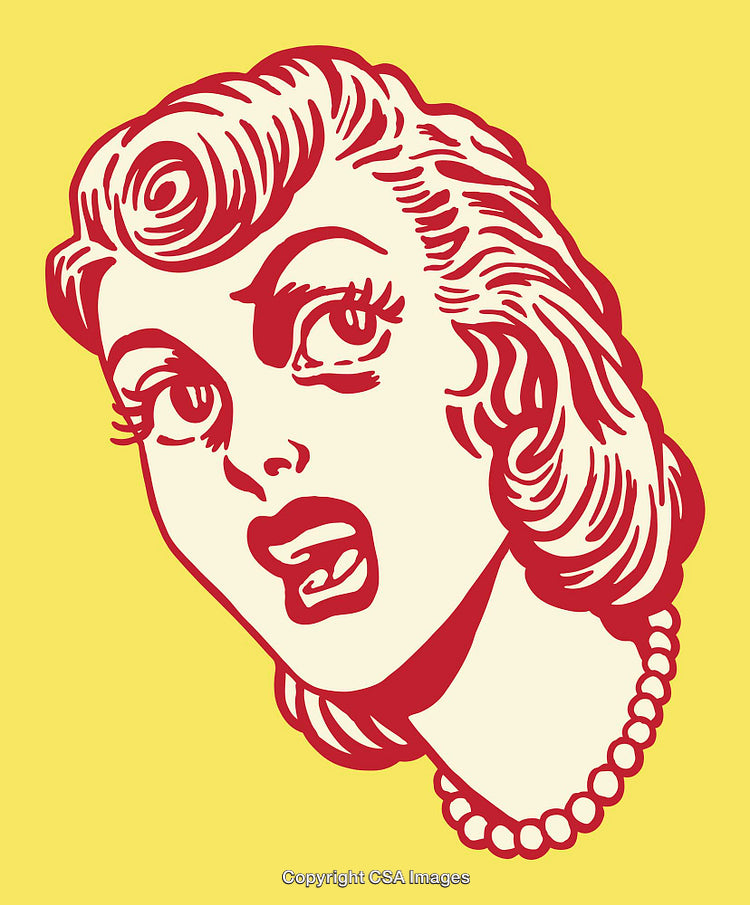 Retro Style Comic Illustration of Shocked Woman on Solid Yellow Background