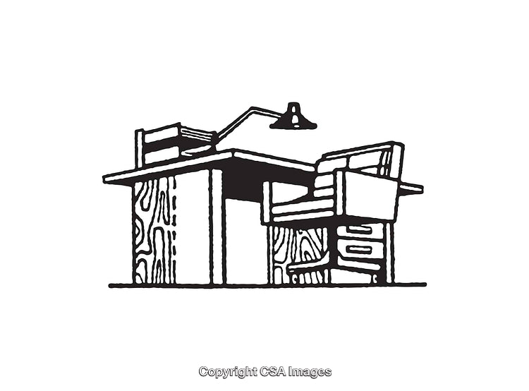 Hand-Drawn Illustration of Desk and Chair in Black and White Style