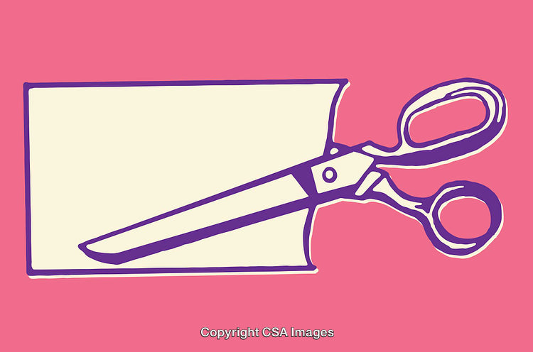 Colorful Line Art Illustration of Scissors and Paper on Pink Background