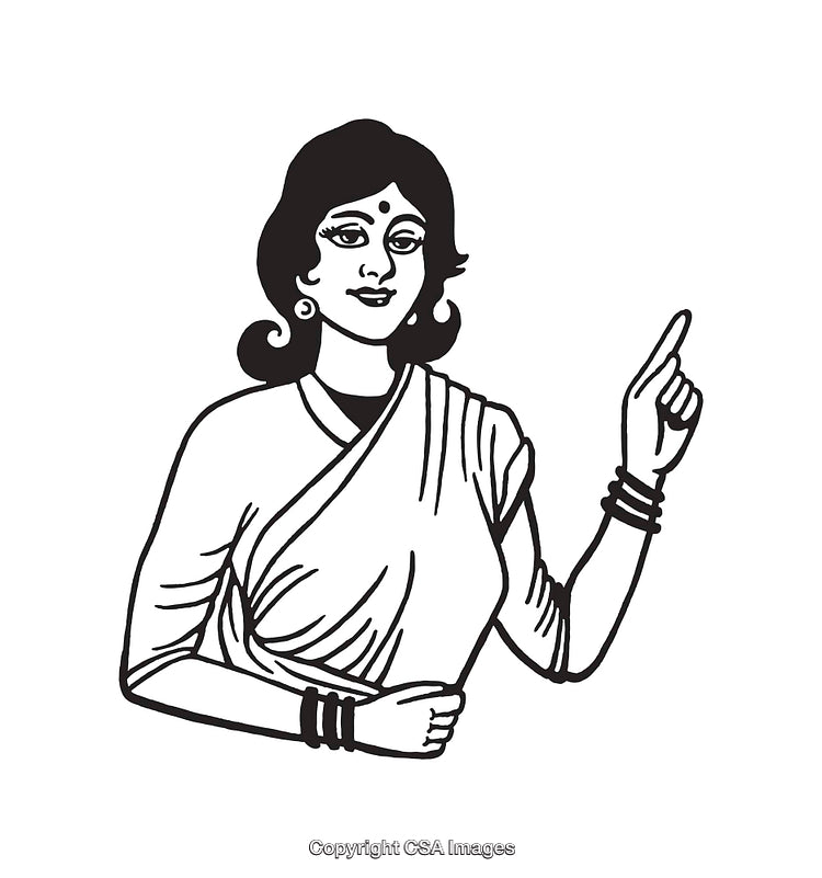 Black and White Illustration of Woman Pointing in Traditional Attire