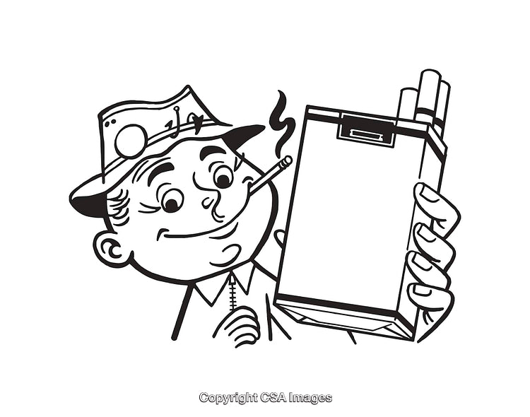 Retro Line Art of a Man Holding Cigarette Pack with Vintage Style