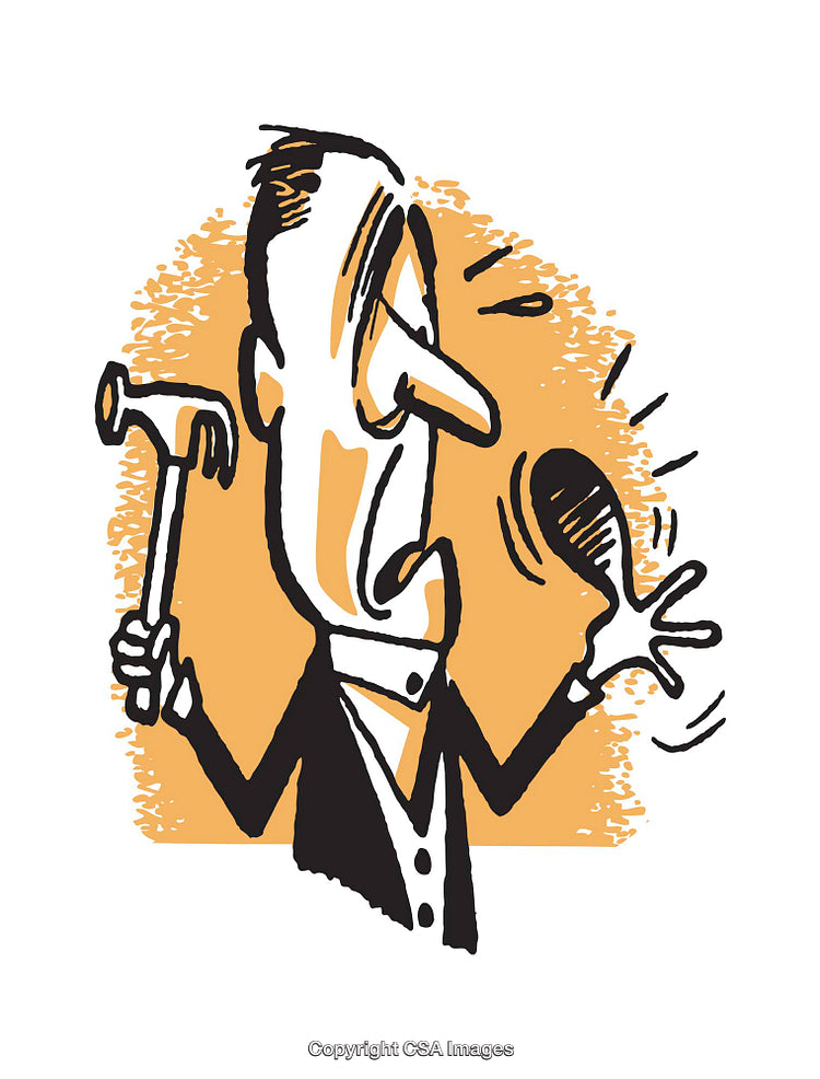 Comical Illustration of Man Hitting His Hand with a Hammer