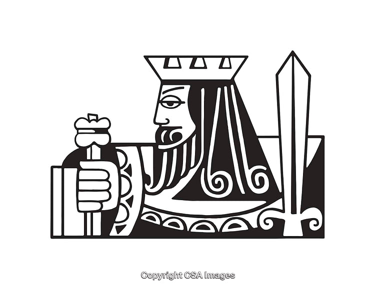 King Holding Sword and Staff in Black and White Line Art