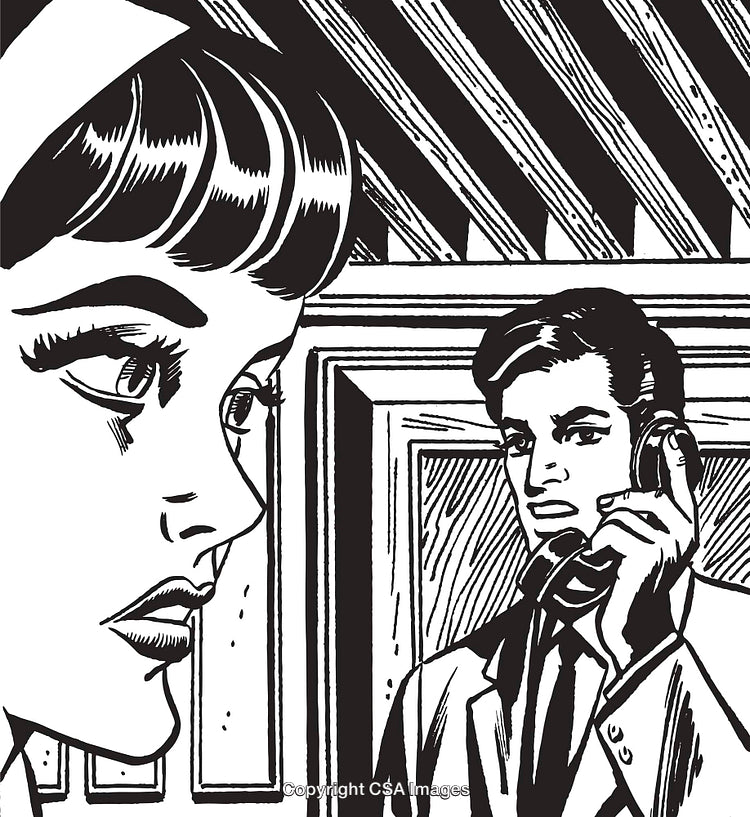 Dramatic Black and White Illustration of a Conversation Over the Phone