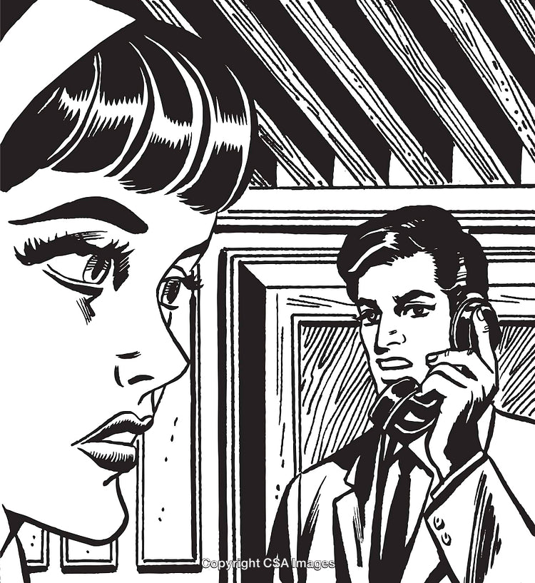 Dramatic Black and White Illustration of a Conversation Over the Phone